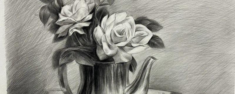 绘制花卉类素描作品的方法,容器比较高时采用竖构图