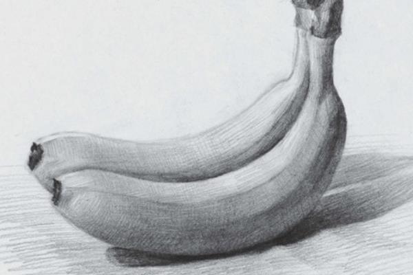 用素描画香蕉的方法，用直线勾出香蕉的位置和轮廓