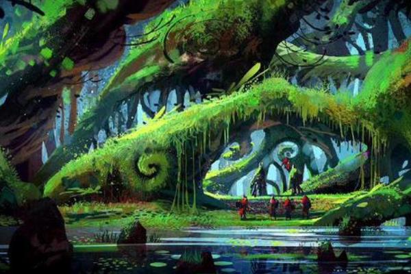 场景插画的常用构图，常见的有引导型构图、螺旋型构图等