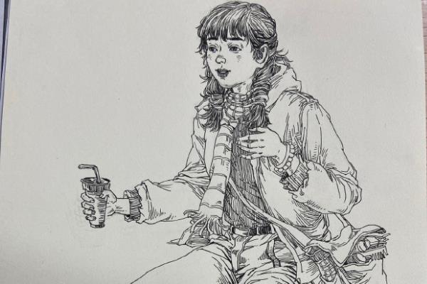 速写坐姿的画法，首先定一下大概的比例