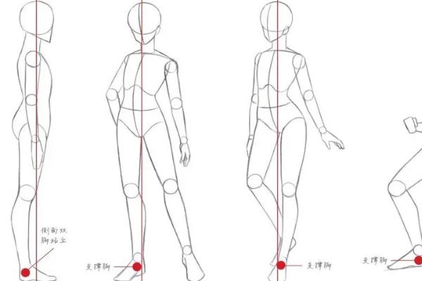 绘画时把握人体重心的方法，初期可用夸张的手法绘制线条