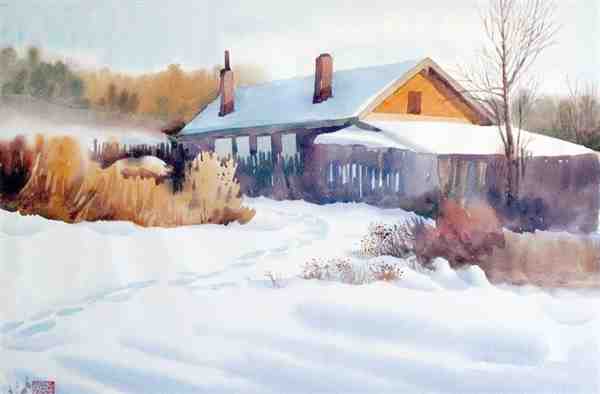 一组描绘农家小屋的水墨插画图片