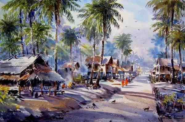 记录城市和乡村的美丽风景手绘图片