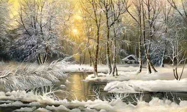 下雪的冬日唯美风景写实油画图片