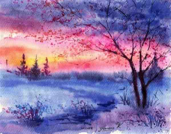 乌克兰艺术家Anna Armona色彩绚烂梦幻的森林风景水彩画作品