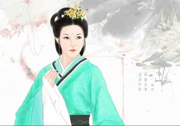 手绘绿衣古装美女唯美仙气插画图片