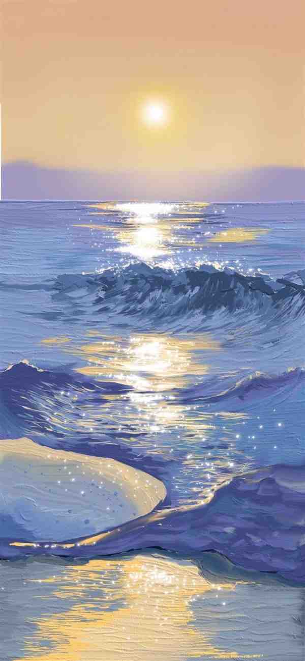 夜色大海油画梦幻手绘手机壁纸