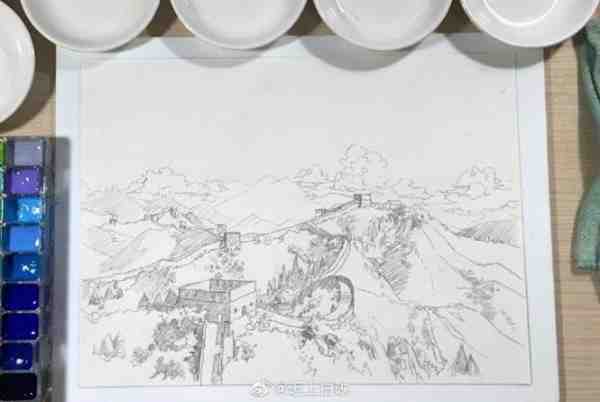 万里长城水彩作品教程