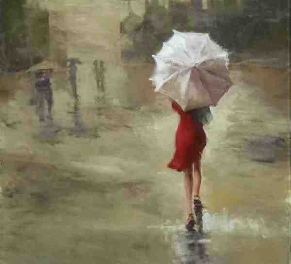 雨中红衣女郎撑伞的水粉画教程