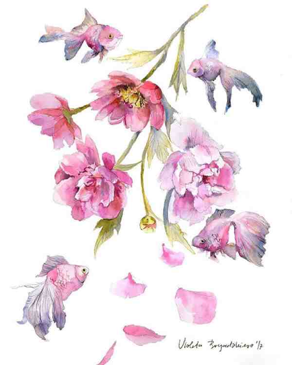 ins画师violettbo动物花卉创意水彩画图片