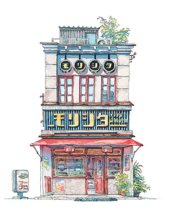 波兰插画师Mateusz Urbanowicz画的日本独栋复古店铺建筑水彩插画作品