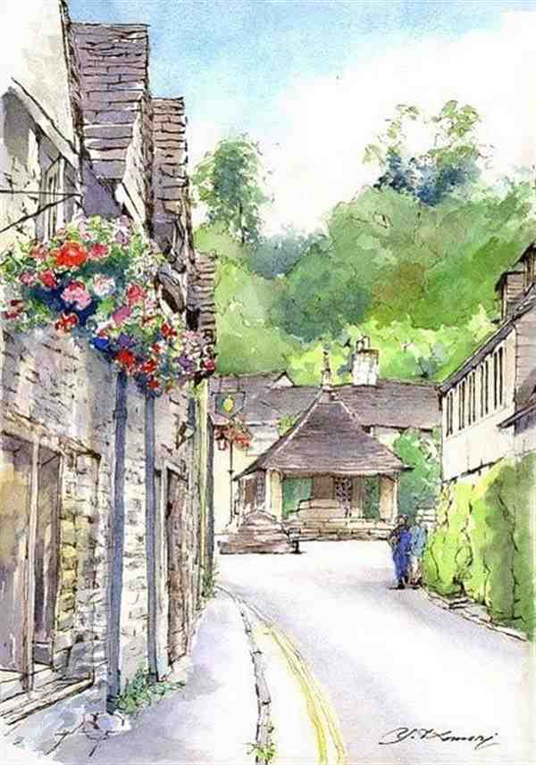 小森裕三笔下清新的小镇风光钢笔水彩画作