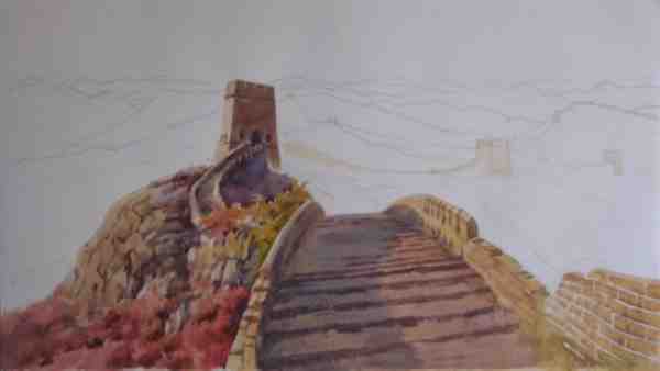 万里长城水彩画创作过程