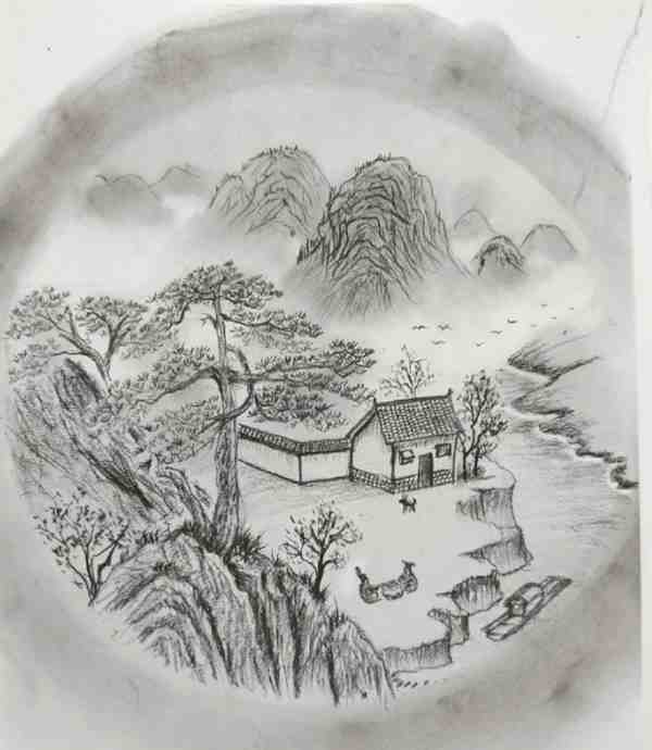 铅笔山水画图片大全黑白版